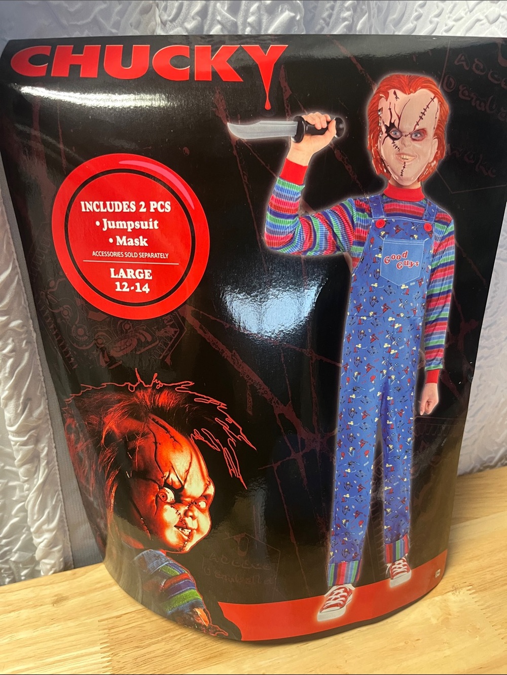 Chucky Halloween Costume Kids Large 12-14 Jumpsuit & Mask Set